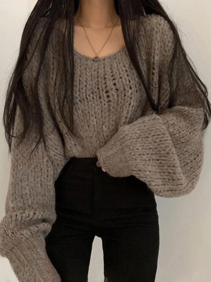 Cutout Lantern Sleeve Loose Sweater