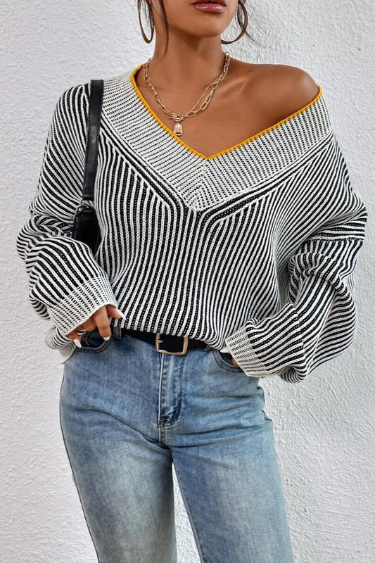 Striped Colorblock V-neck Batwing Sweater