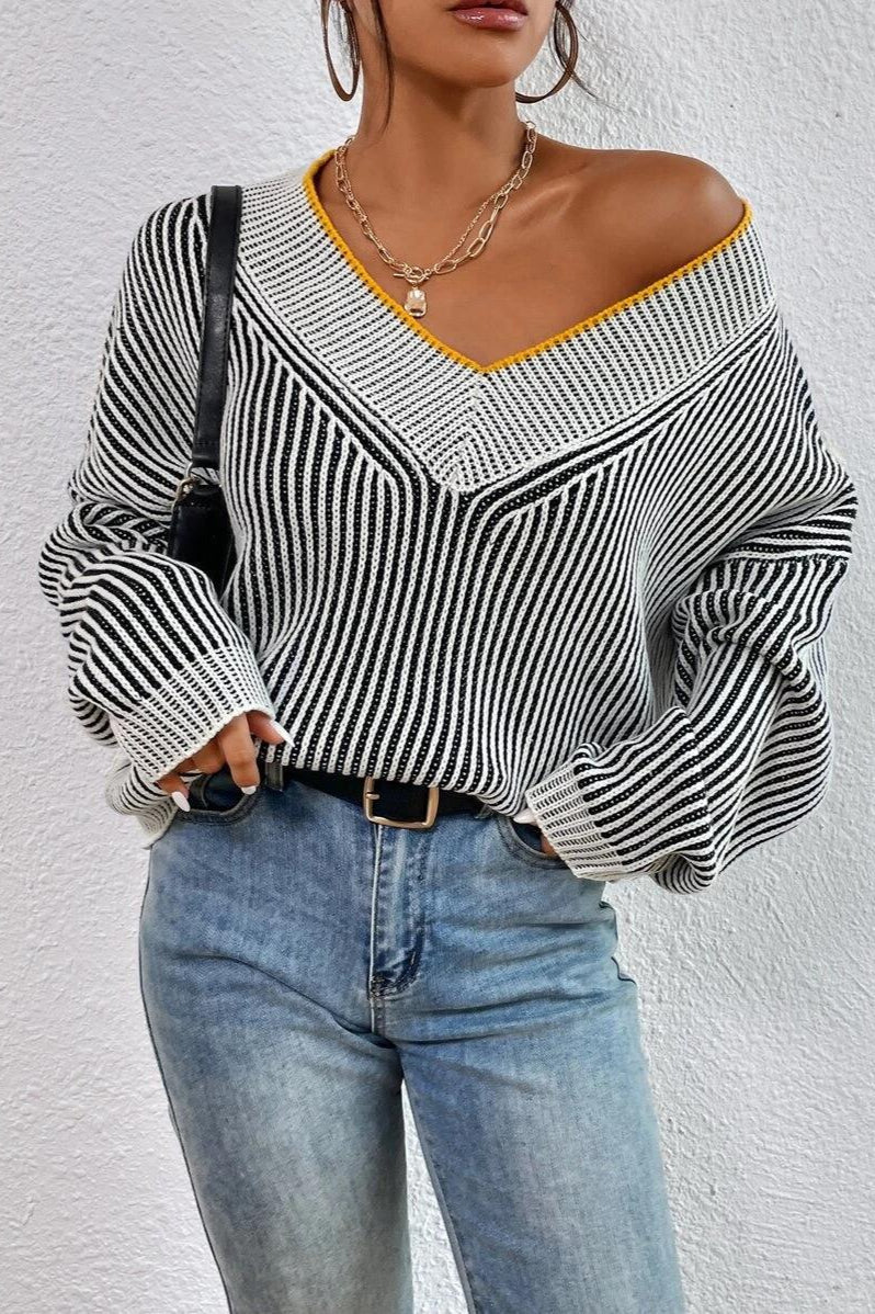 Striped Colorblock V-neck Batwing Sweater