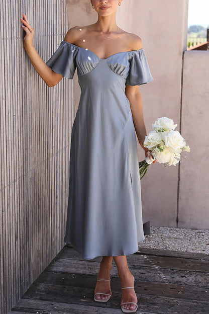 Side Split Midi Dress: Off the Shoulder Flutter Sleeve