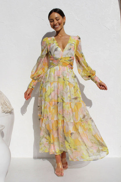 Painted Inspiration Balloon Sleeves Maxi Dress