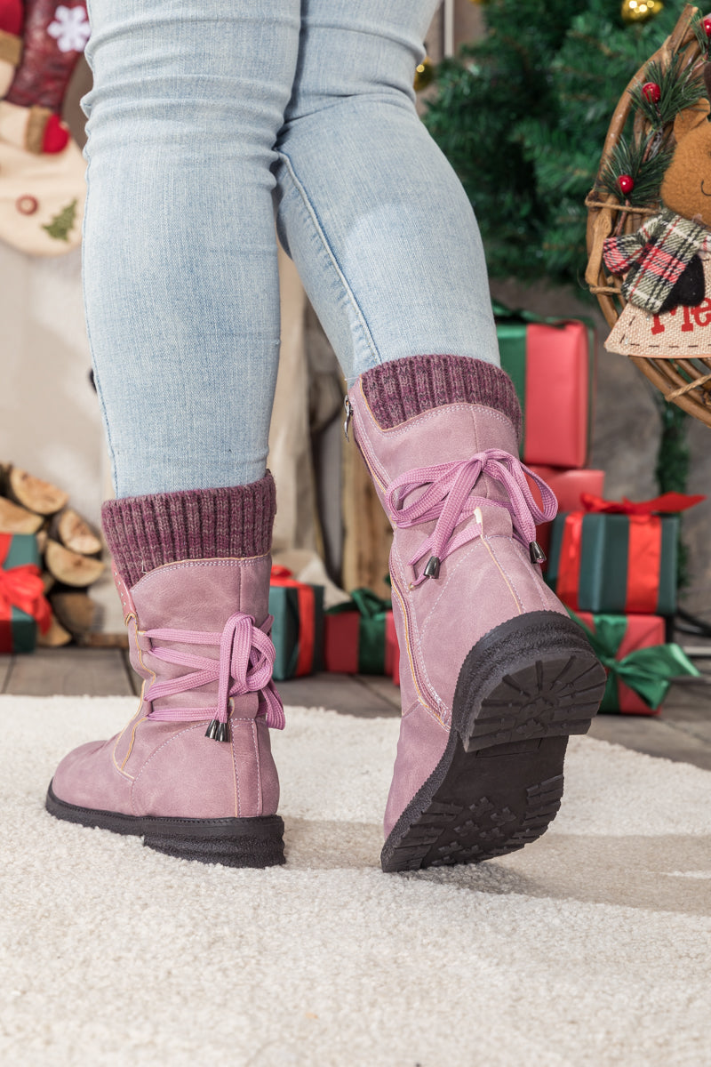 En Bloom | Purple Ruched Back Tie-accent Combat Boot