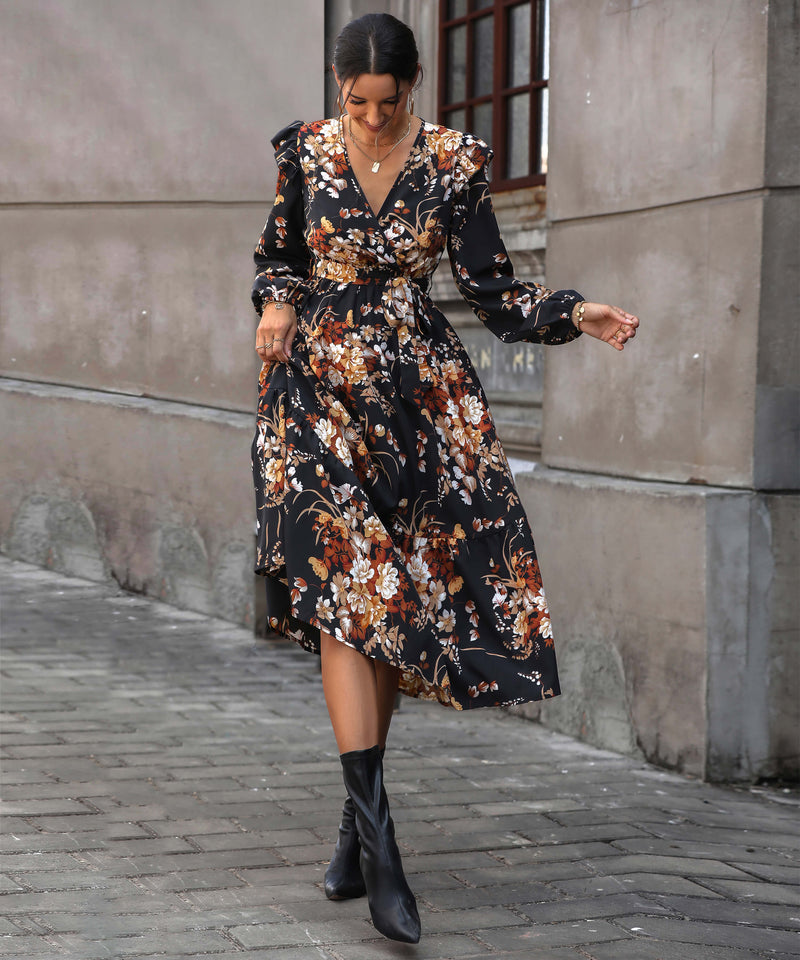 Harvest Love Print Tiered Midi Dress