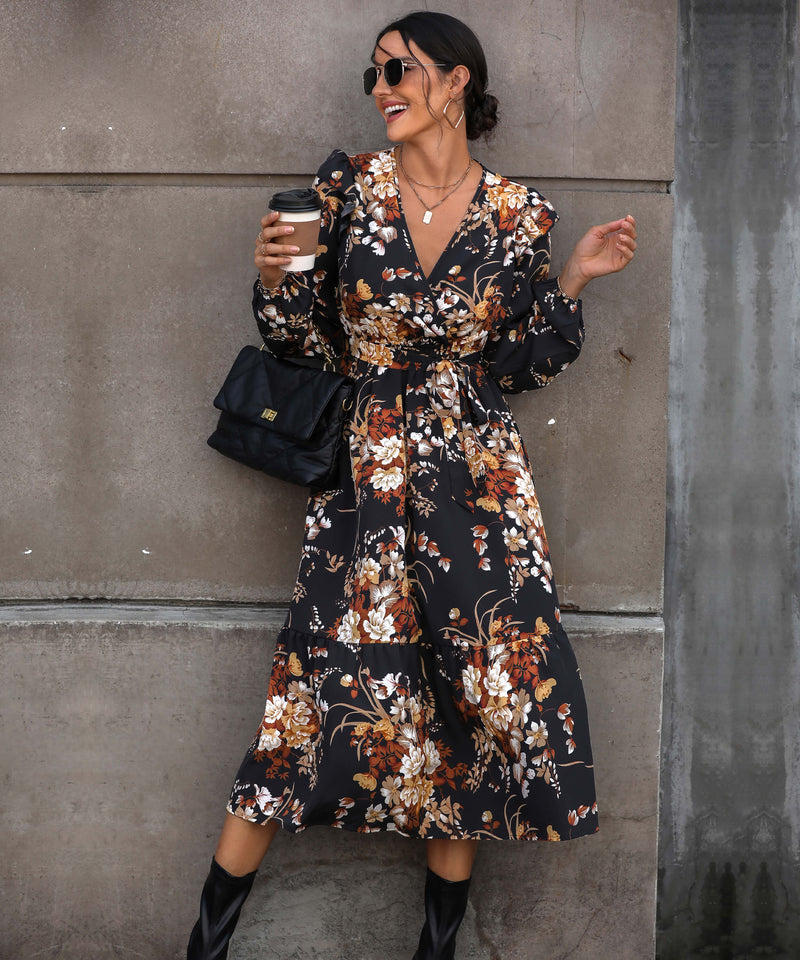 Harvest Love Print Tiered Midi Dress