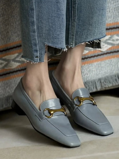 Leather Flat Shoes With Low Heel Metal Accent Square Toe