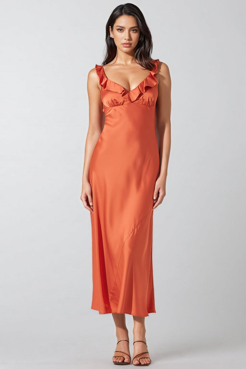 Thornet Satin Ruffle Midi Dress