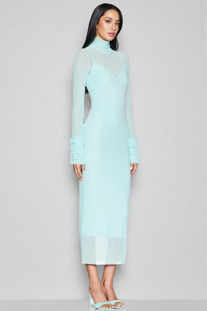 Abrife Blue Sheer Mesh Maxi Dress