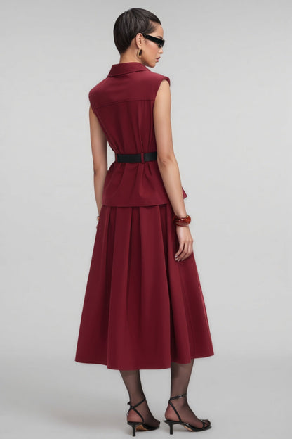 Raelith Red Twill Belted Midi Dress Set