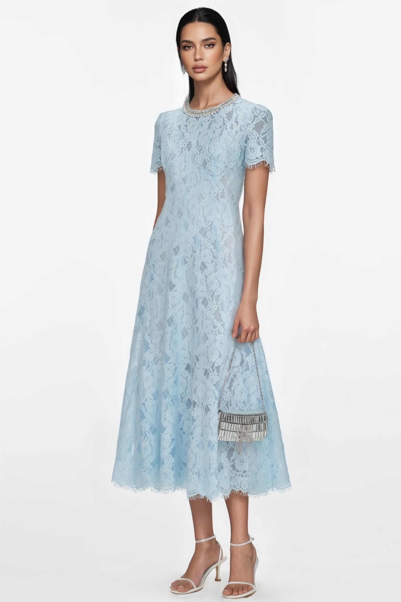 Chantal Blue Lace Embellished Midi Dress