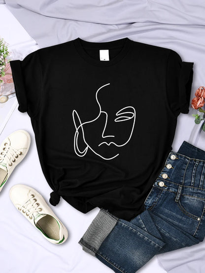 Abstract Simple Stroke Face Prints T-shirts Hip Hop Breathable Short Sleeve Soft Street Tops Female Tee Clothing