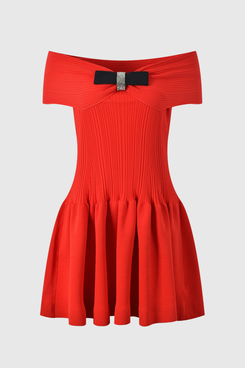 Adagio Bow Off Shoulder Knit Mini Dress