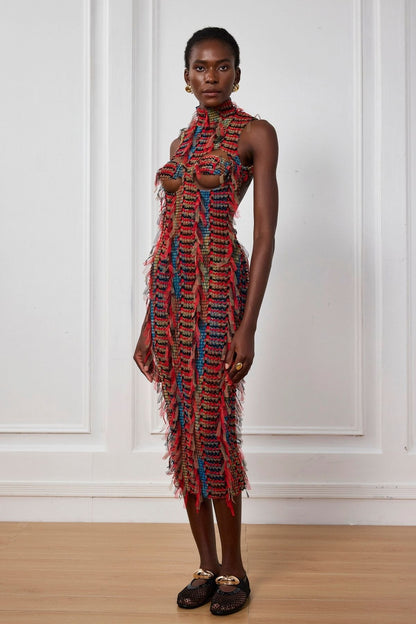 Adhara Fringe Cutout Backless Midi Dress