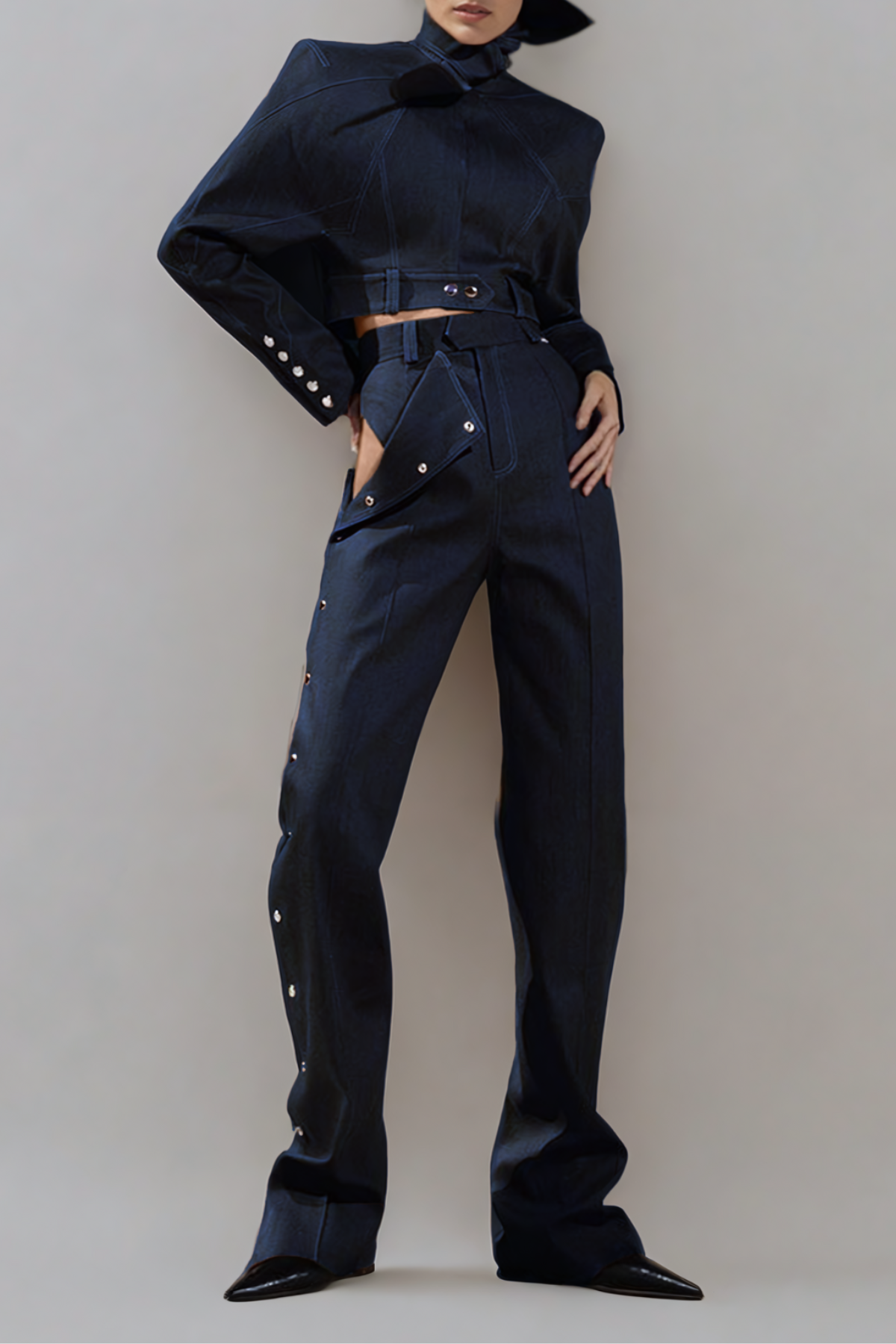 Adia Lace Up Buckle Denim Pants Set in Blue