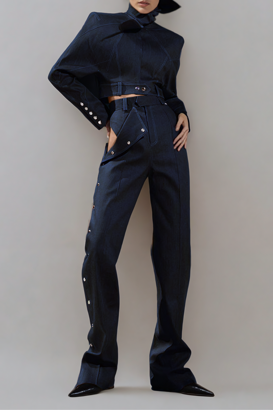 Adia Lace Up Buckle Denim Pants Set in Blue