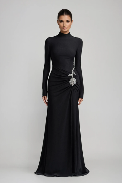Adobe Long Sleeve Rhinestone Flower Maxi Dress in Black