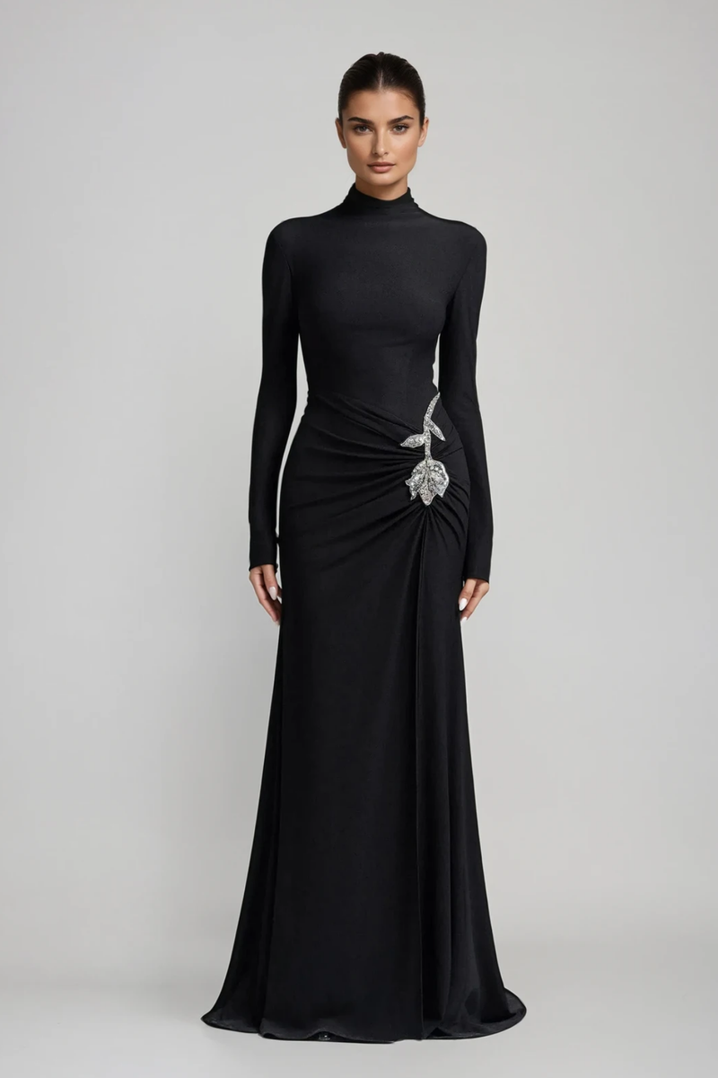 Adobe Long Sleeve Rhinestone Flower Maxi Dress in Black