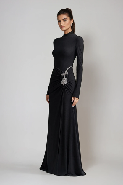 Adobe Long Sleeve Rhinestone Flower Maxi Dress in Black
