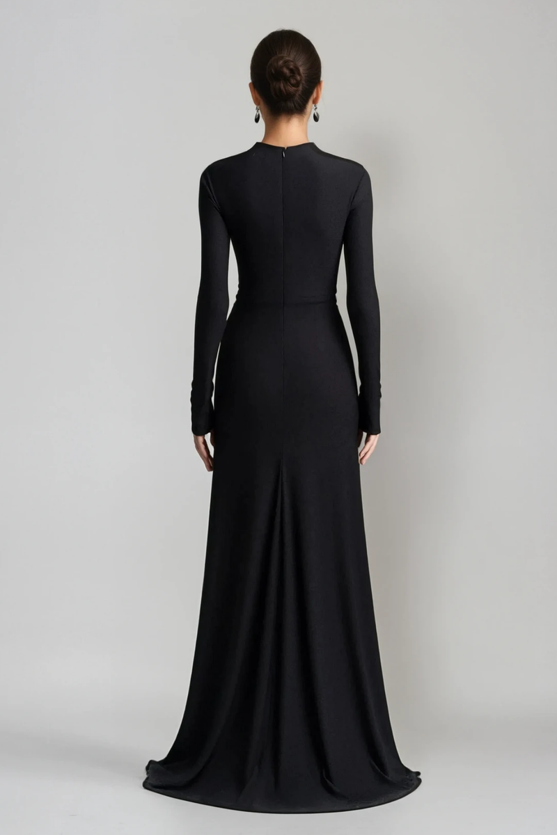 Adobe Long Sleeve Rhinestone Flower Maxi Dress in Black