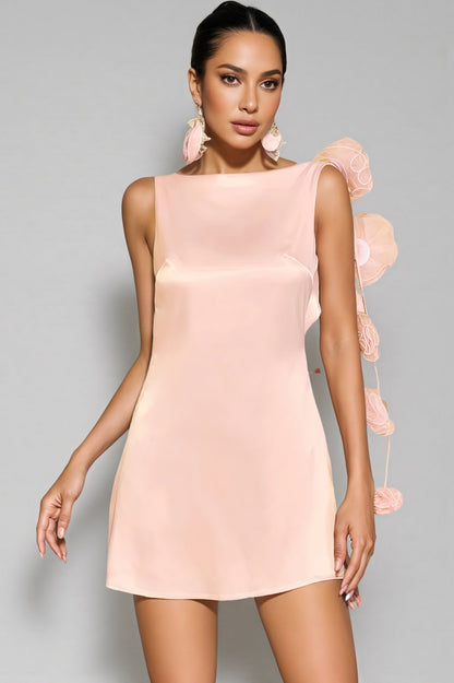 Eliette Pink Backless Flower Satin Mini Dress