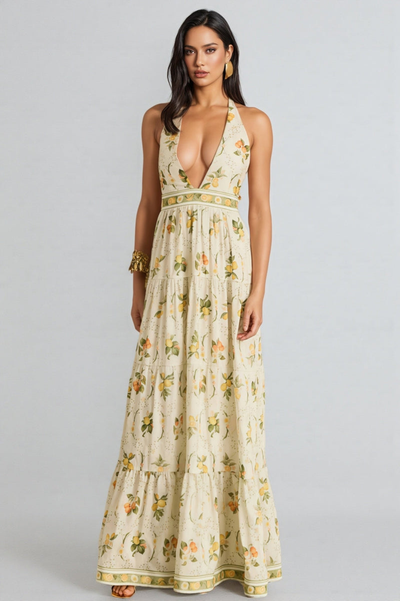 Normas Backless Printed V-neck Maxi Dress