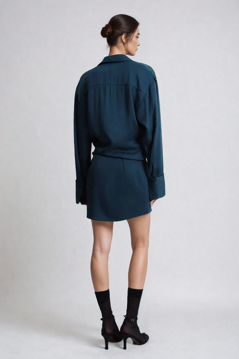 Aguirre Cowl Neck Satin Shirt Mini Dress