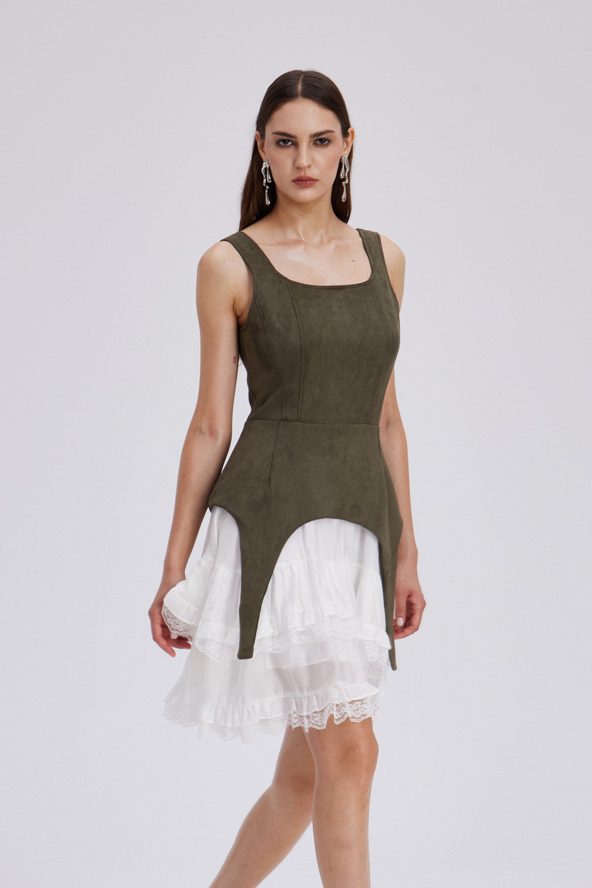 Ailis Ruffle Lace Sleeveless Mini Dress in Green
