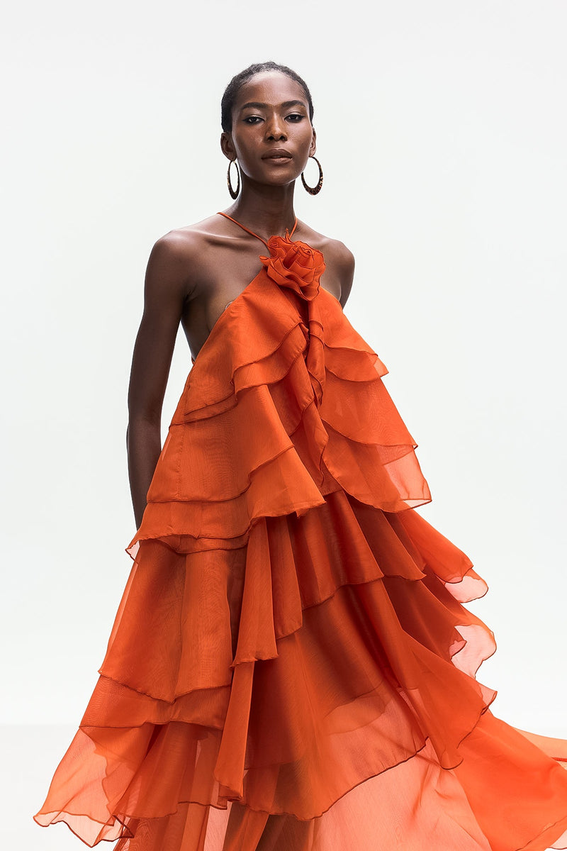 Ailish Backless Flower Ruch Maxi Dress in Orange