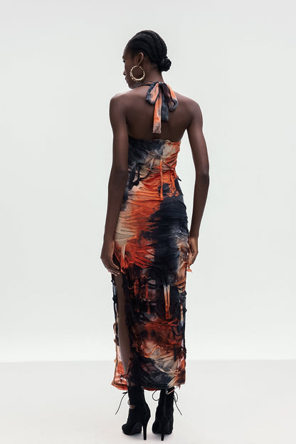 Ainmuire Tie Dye Fringe Split Maxi Dress