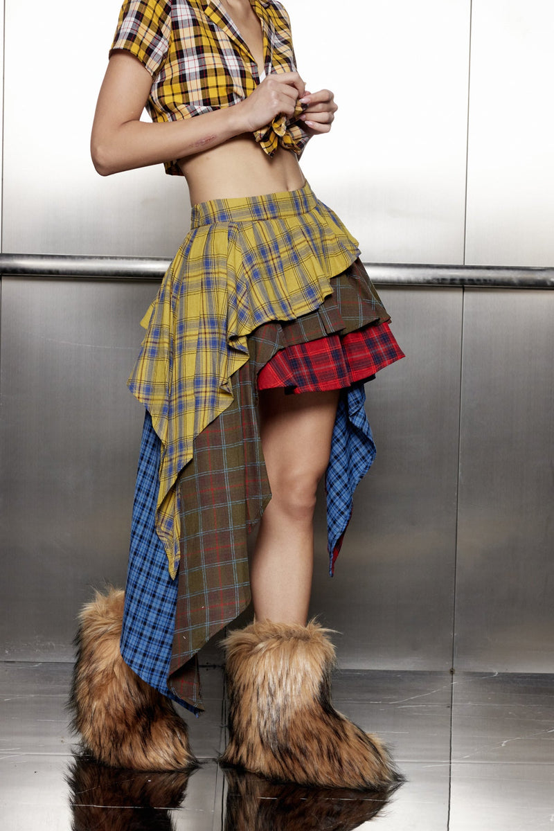 Akifumi Grid Patchwork Ruffle Asymmetric Skirt