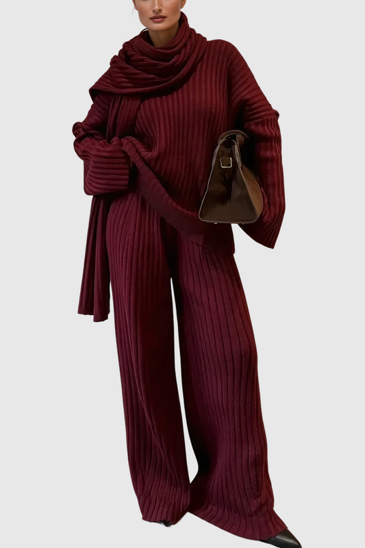 Alessia Shawl Lace Up Knit Pants Set in Red