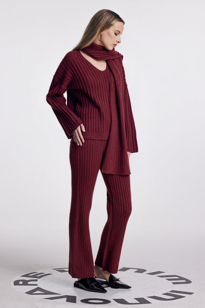 Alessia Shawl Lace Up Knit Pants Set in Red