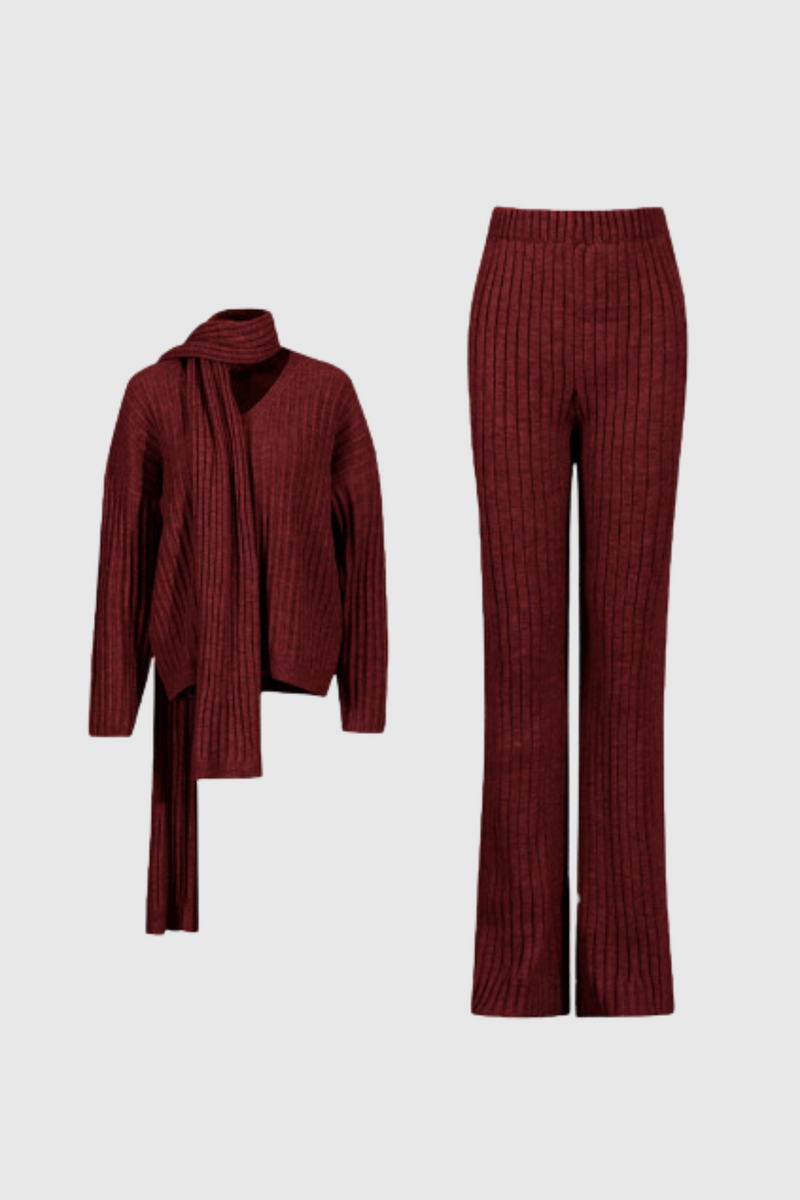 Alessia Shawl Lace Up Knit Pants Set in Red