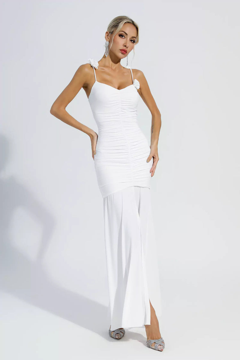 Alia White Ruched Slip Maxi Dress