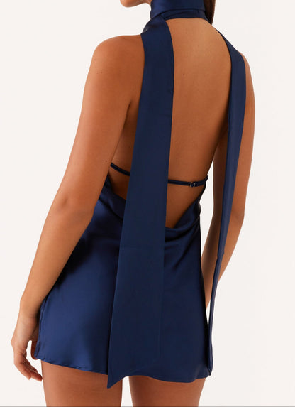 Allison Satin Halter Mini Dress - Navy