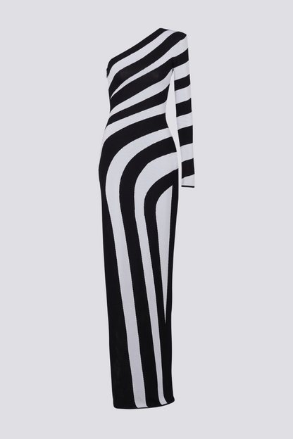 Alizea One Shoulder Slit Asymmetrical Striped Maxi Dress
