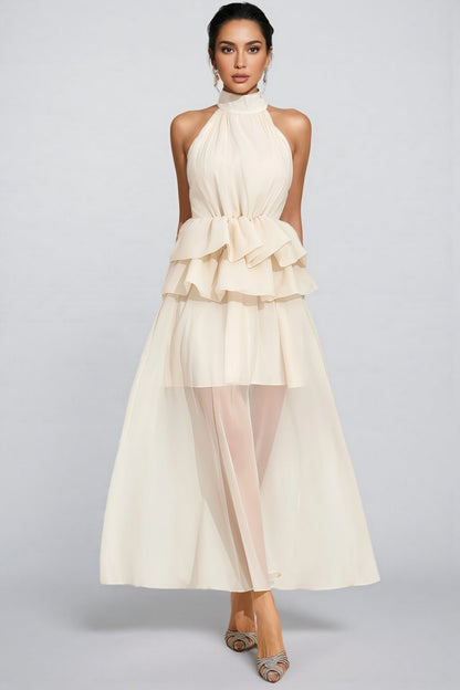 Minnk Apricot Halter Ruffle Maxi Dress