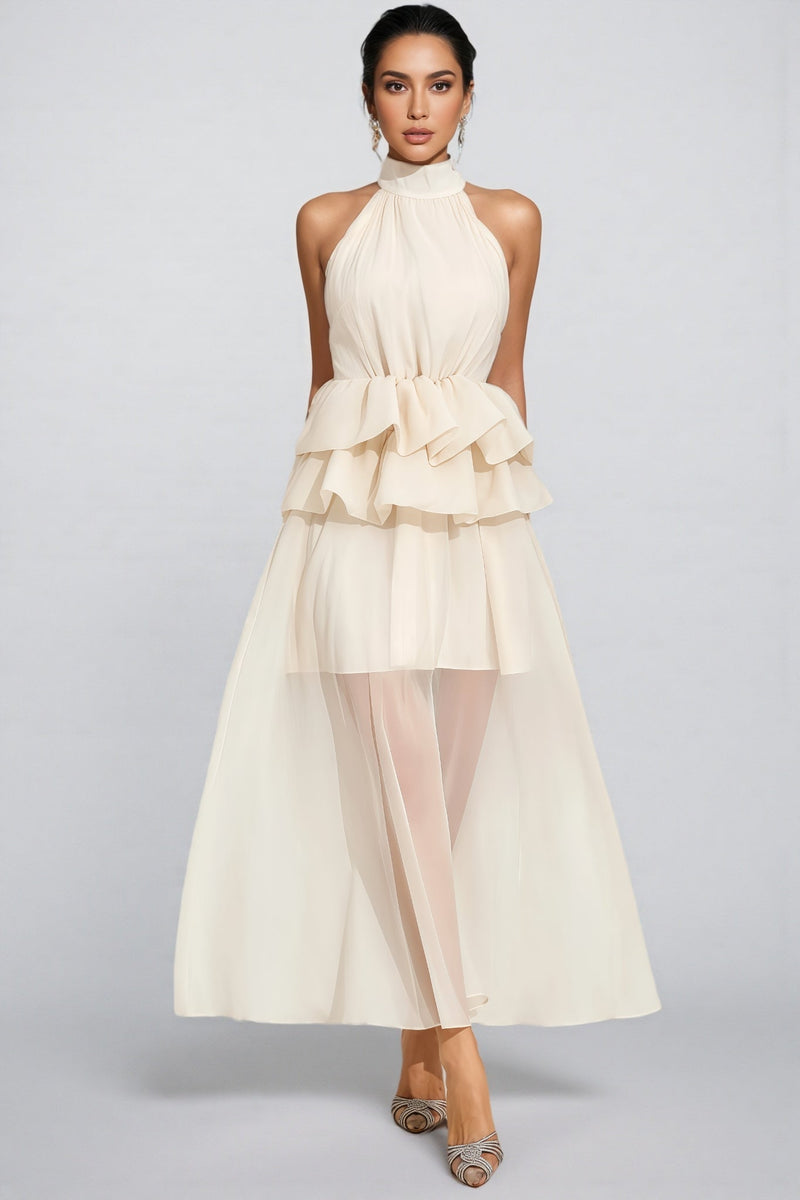 Minnk Apricot Halter Ruffle Maxi Dress