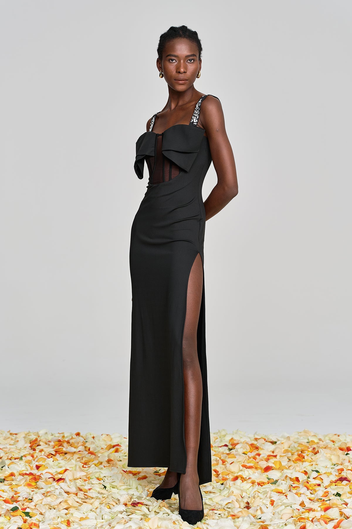 Almira Bow Lace Rhinestone Split Maxi Dress