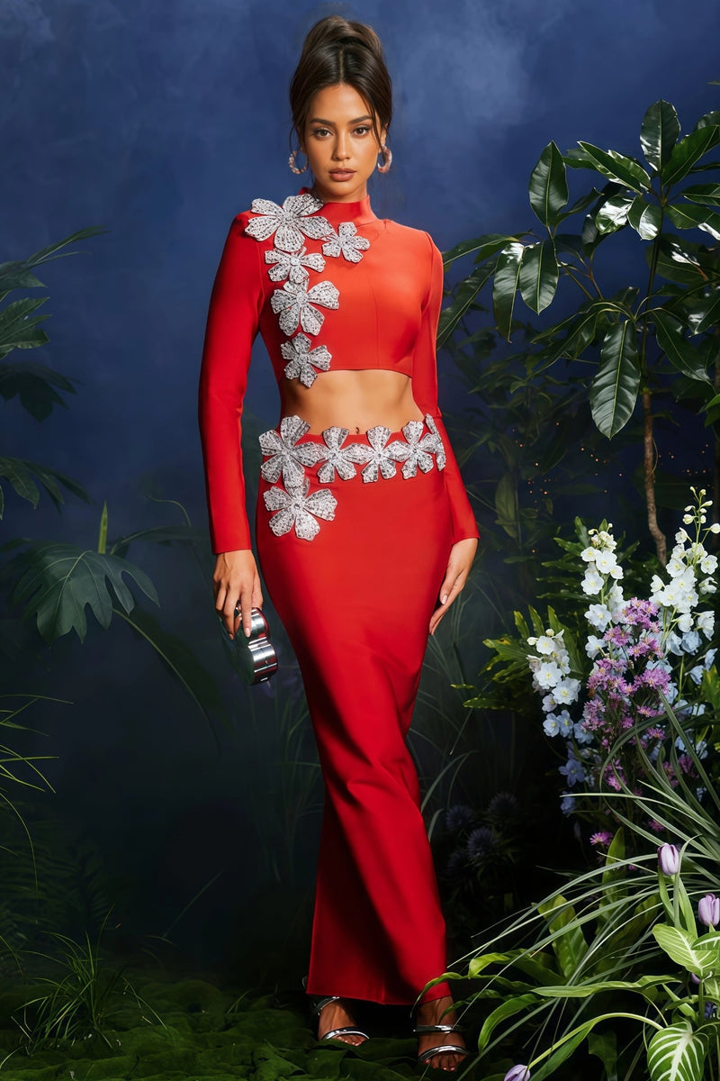 Therak Red Flower Bandage Maxi Dress Set