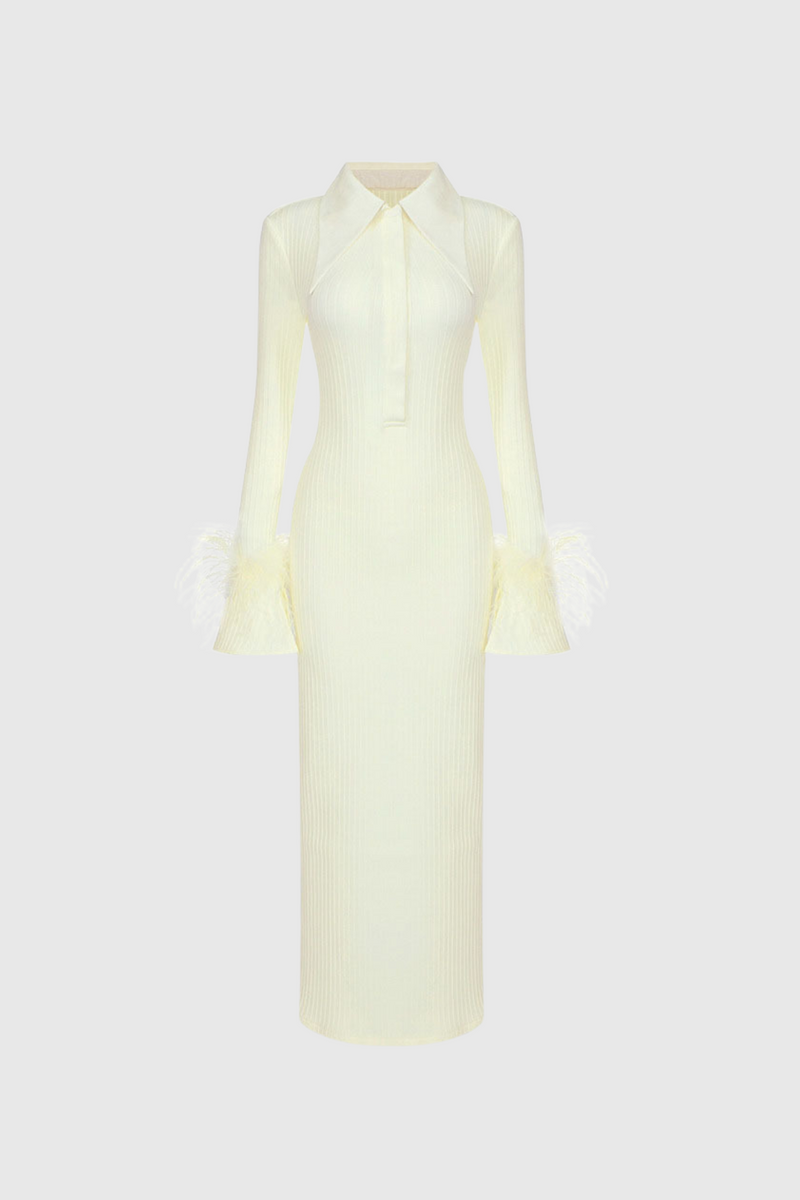 Almis Lapel Feather Knit Maxi Dress
