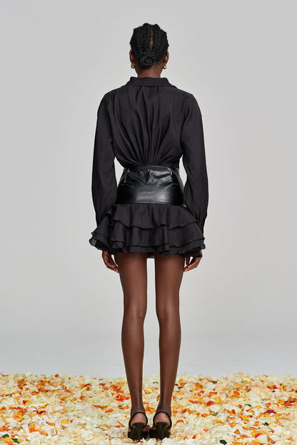 Alohilani Ruch Ruffle Leather Buckle Mesh Mini Dress