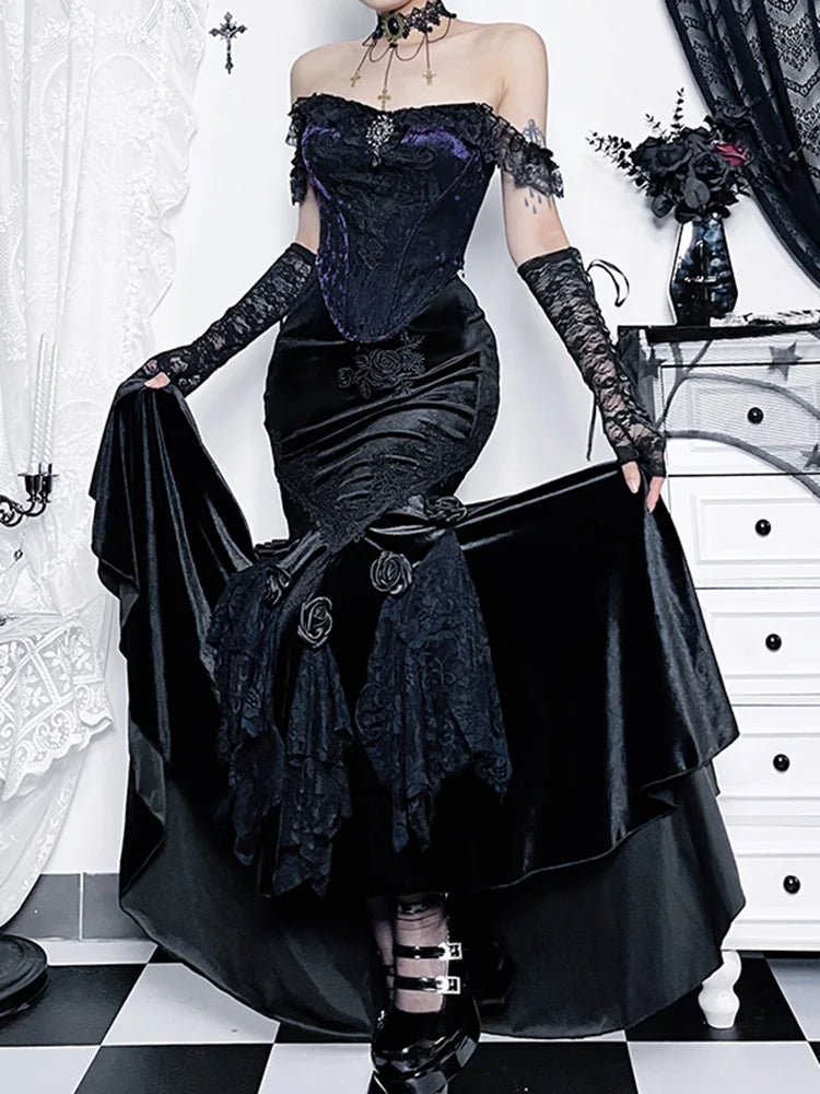 Trumpet Mall Goth Florals Patchwork High Waist Aesthetic Fairycore Skirt