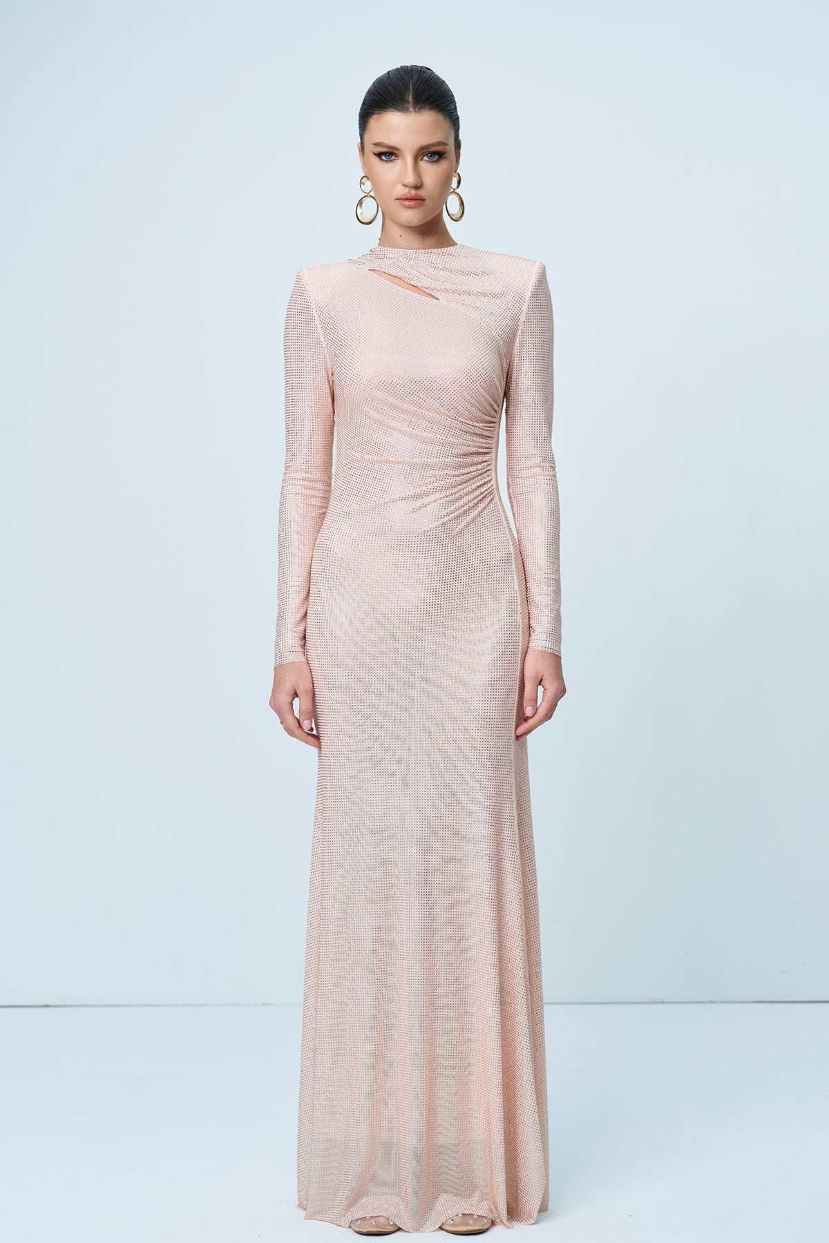 Alter Rhinestone Cutout Ruch Maxi Dress in Apricot