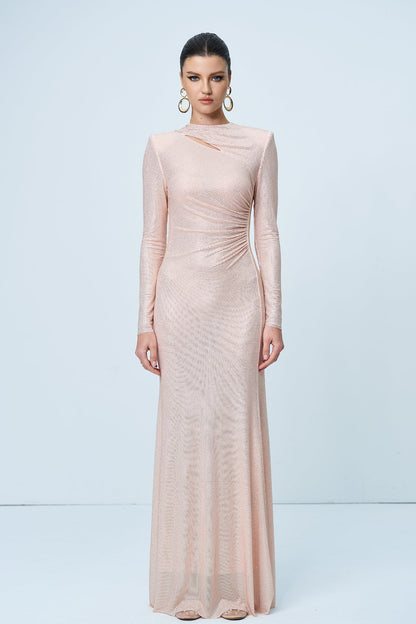 Alter Rhinestone Cutout Ruch Maxi Dress in Apricot
