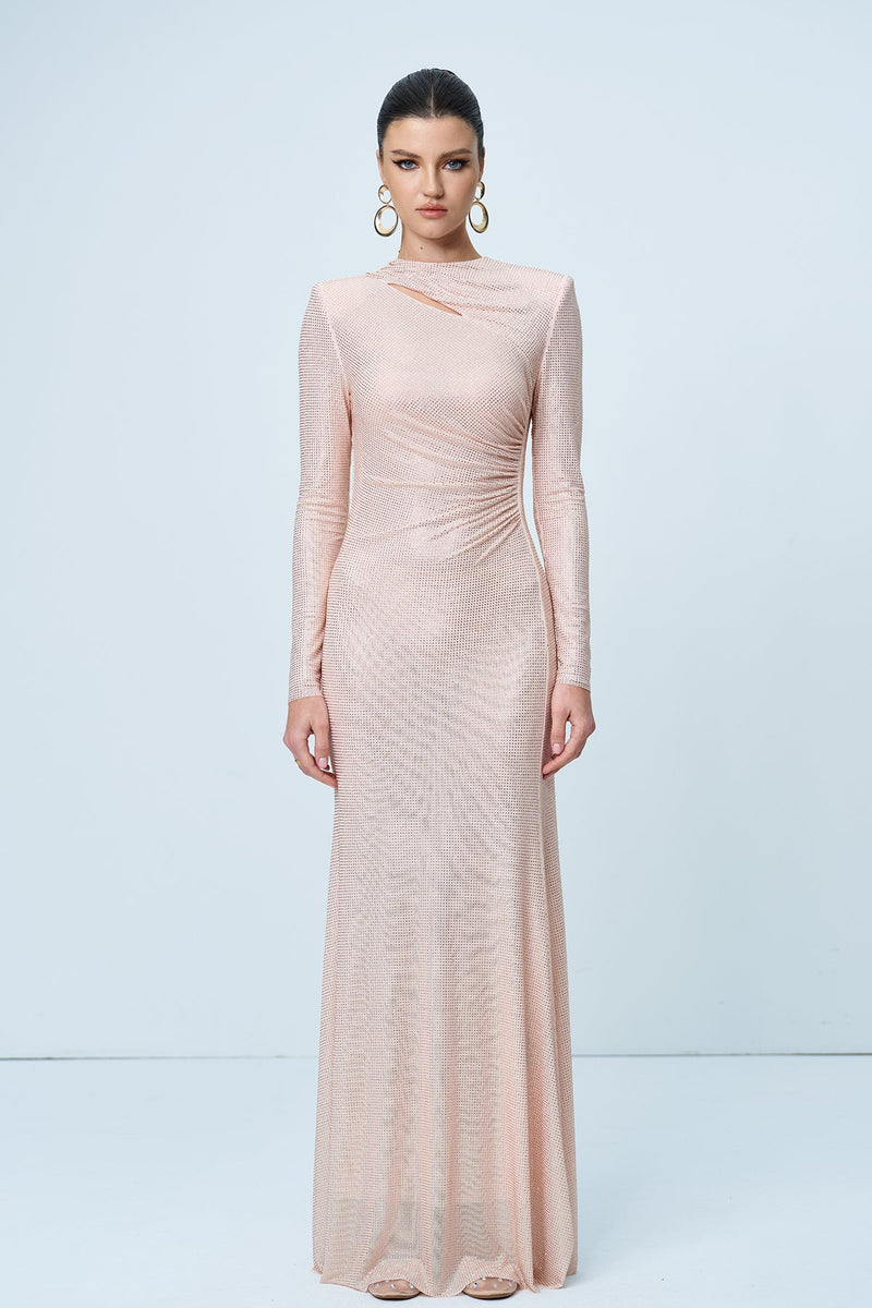 Alter Rhinestone Cutout Ruch Maxi Dress in Apricot