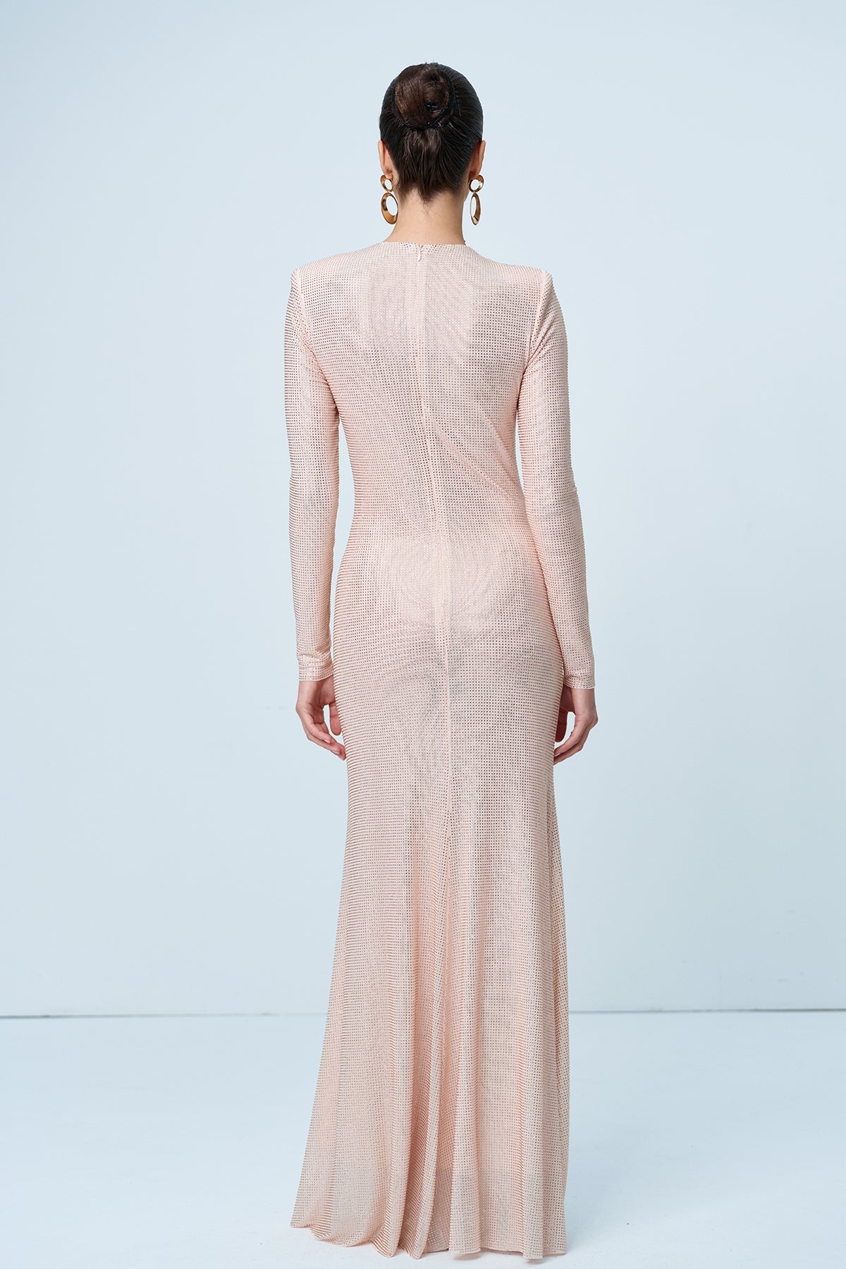 Alter Rhinestone Cutout Ruch Maxi Dress in Apricot