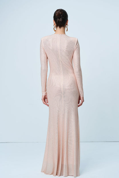 Alter Rhinestone Cutout Ruch Maxi Dress in Apricot