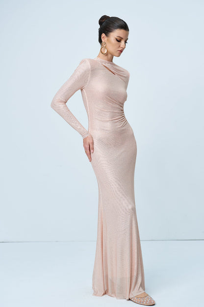 Alter Rhinestone Cutout Ruch Maxi Dress in Apricot