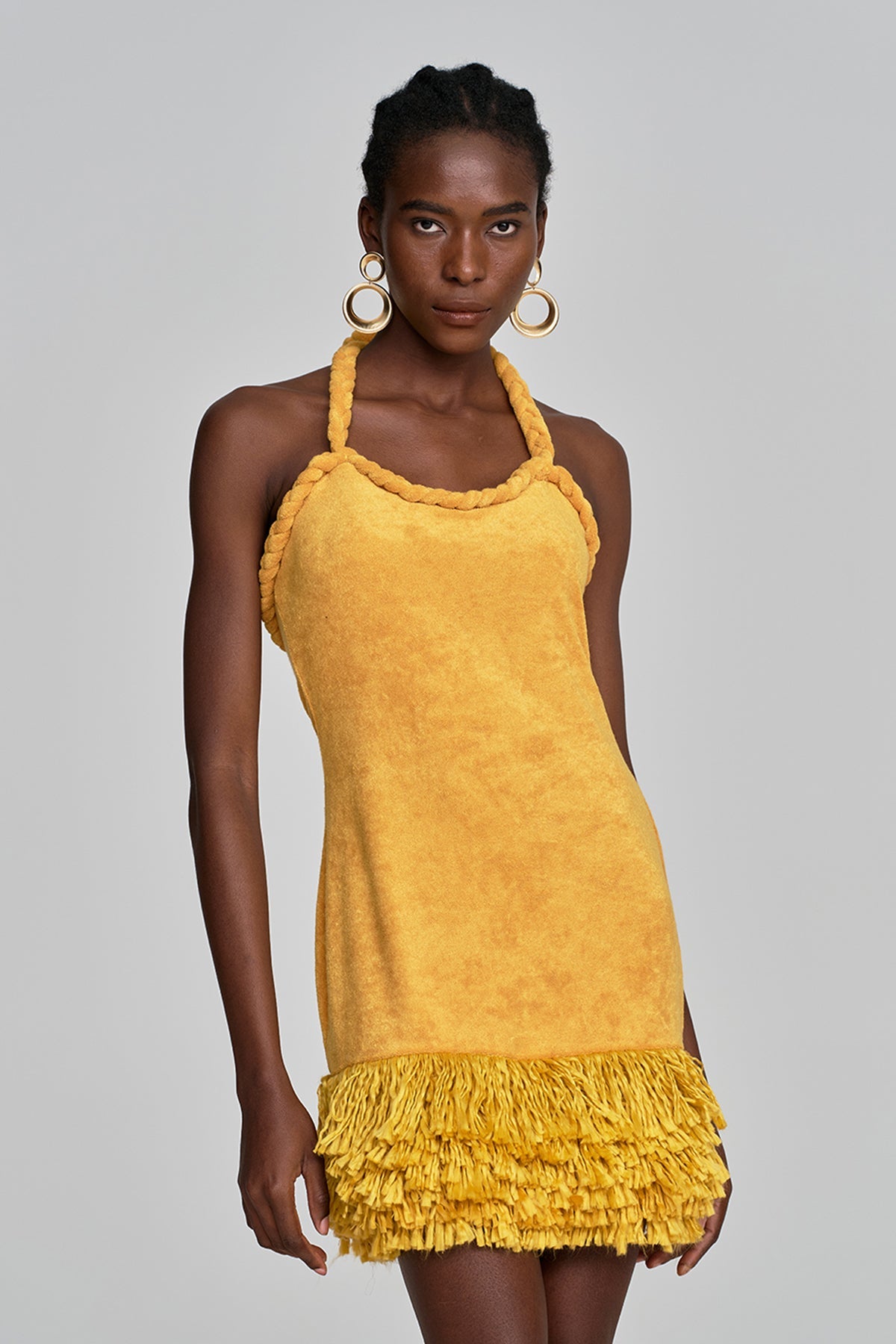 Alvis Bodycon Fringe Twist Knit Mini Dress in Yellow