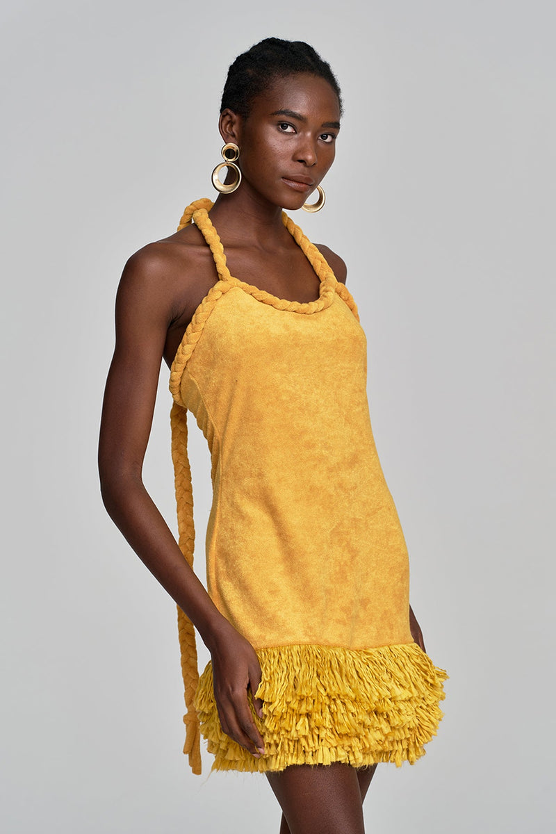 Alvis Bodycon Fringe Twist Knit Mini Dress in Yellow
